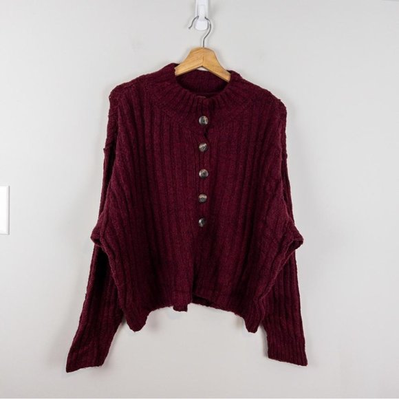 Free People Women's Raspberry Ribbed Pull over Sweater - Size Small - Picture 2 of 12